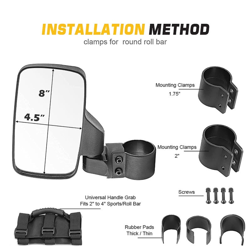 WSays 15" Wide Center View Mirror for 2" roll Bar & UTV Right Left Side Mirrors with 1.5"-2" Adjustable Clamp & Grab Handle Set Compatible with Can-Am Fit Polaris Fit Honda Talon Fit Kawasaki Kubota - Image 2